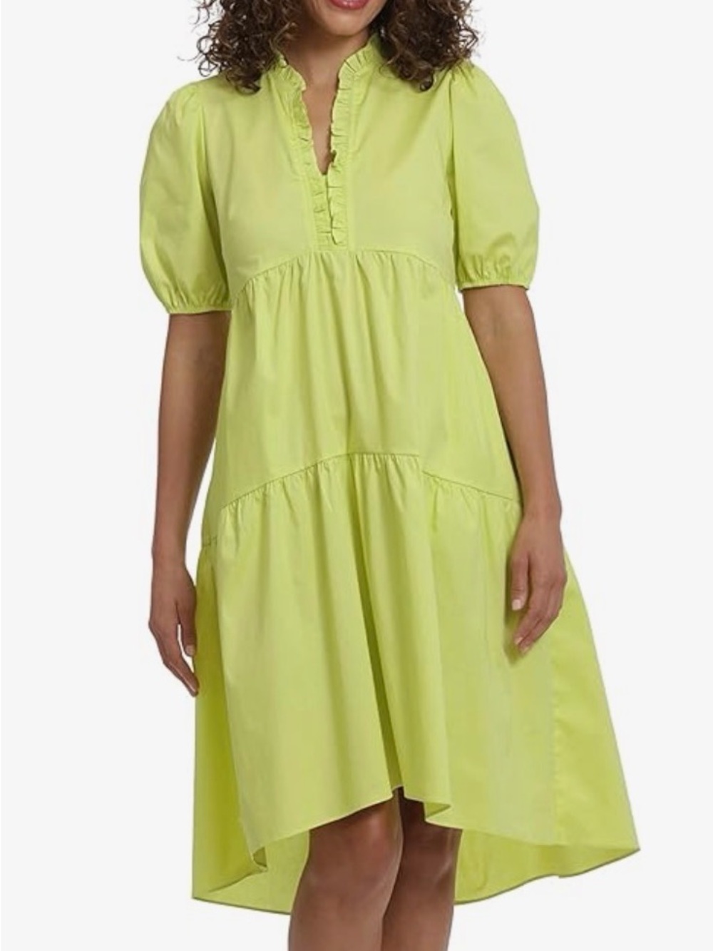 London Women's Short-Sleeve Ruffle Neck Tiered Hi-Lo Dress